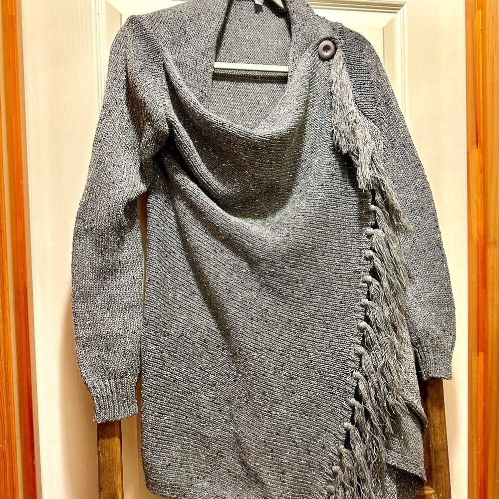 Gray Fringe Button Poncho Sweater Shrug Wrap OS